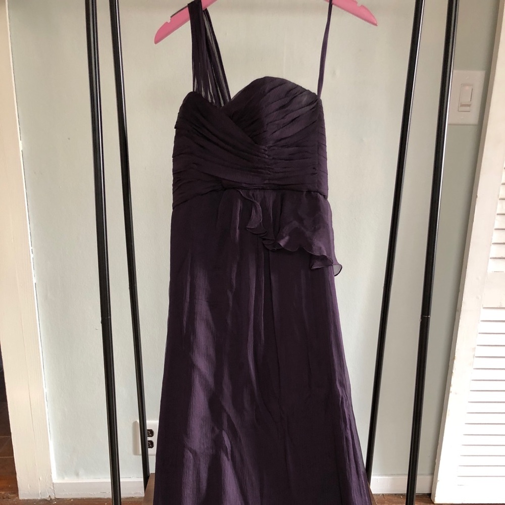 Amsale 06 deep purple bridal dress one shoulder.